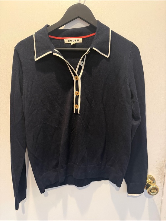 Boden Sweaters - Boden Navy Crewneck Polo Sweater with White Trim and Red Neckline Accent